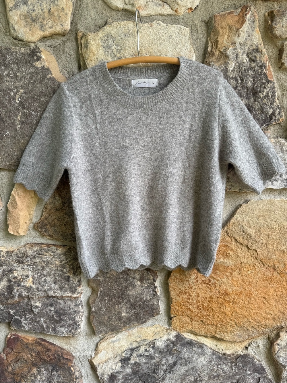 Heather Gray Short-Sleeve Crewneck Sweater with Scalloped Hem Large